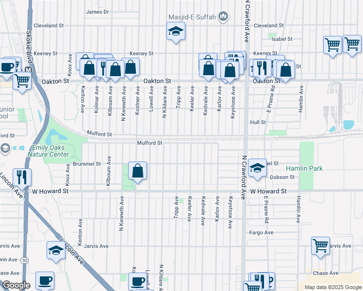 map of restaurants, bars, coffee shops, grocery stores, and more near 7800 Keeler Avenue in Skokie