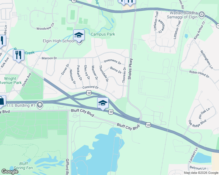 map of restaurants, bars, coffee shops, grocery stores, and more near 745 Thorndale Drive in Elgin