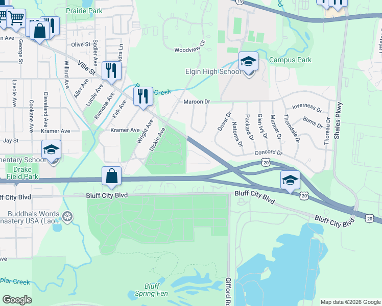 map of restaurants, bars, coffee shops, grocery stores, and more near Peck Place in Elgin