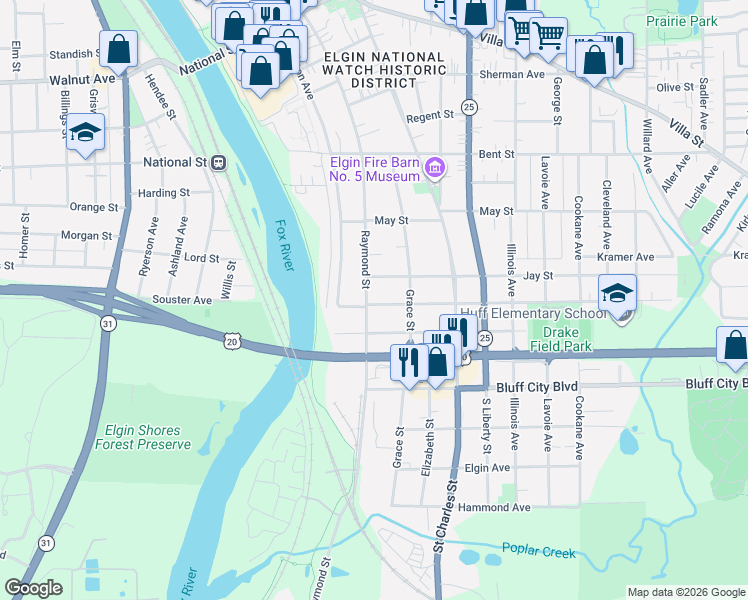 map of restaurants, bars, coffee shops, grocery stores, and more near 361 Jay Street in Elgin
