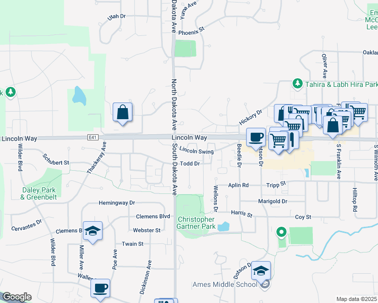 map of restaurants, bars, coffee shops, grocery stores, and more near 4420 Lincoln Way in Ames