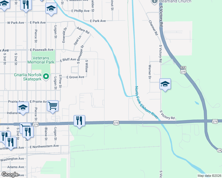 map of restaurants, bars, coffee shops, grocery stores, and more near 801 Pt Of East Omaha Avenue in Norfolk