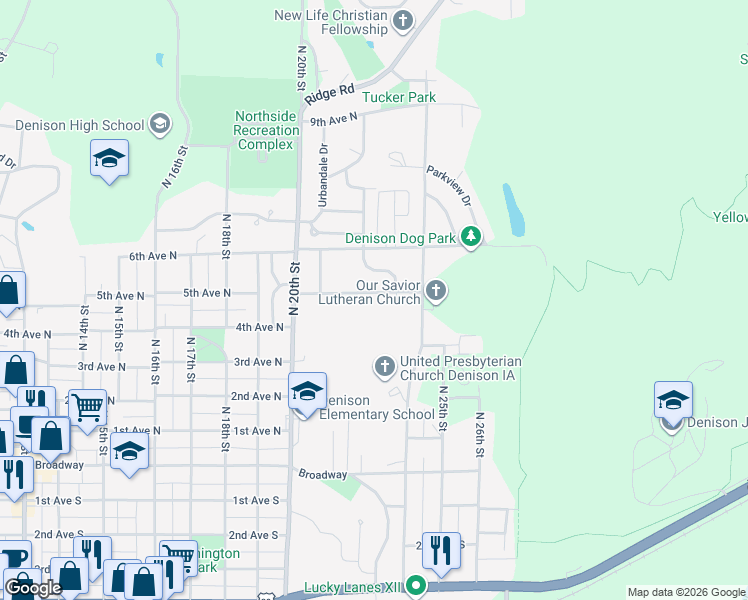 map of restaurants, bars, coffee shops, grocery stores, and more near 2098-2300 Bel Aire Drive in Denison