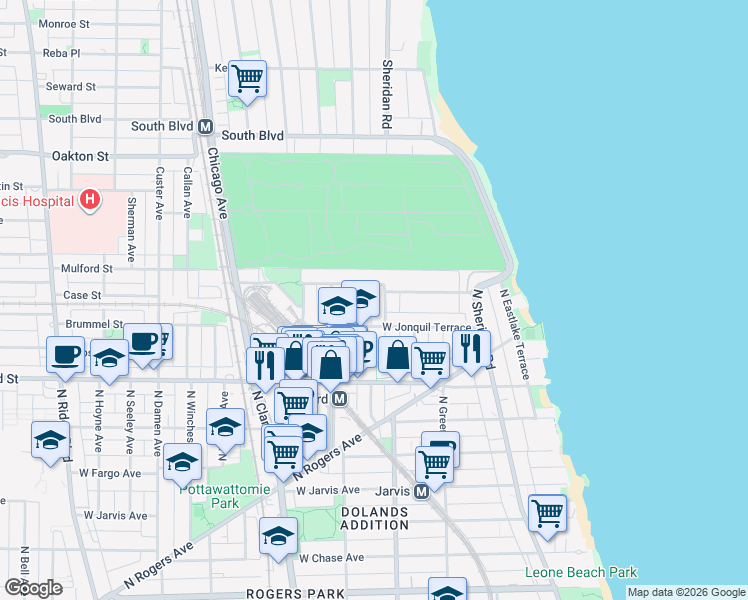 map of restaurants, bars, coffee shops, grocery stores, and more near 7728 North Ashland Avenue in Chicago