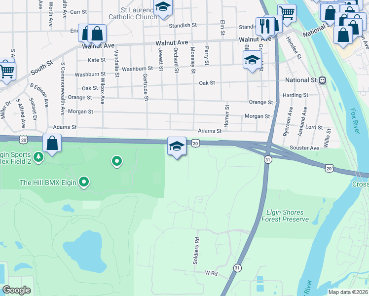 map of restaurants, bars, coffee shops, grocery stores, and more near 527 Adams Street in Elgin