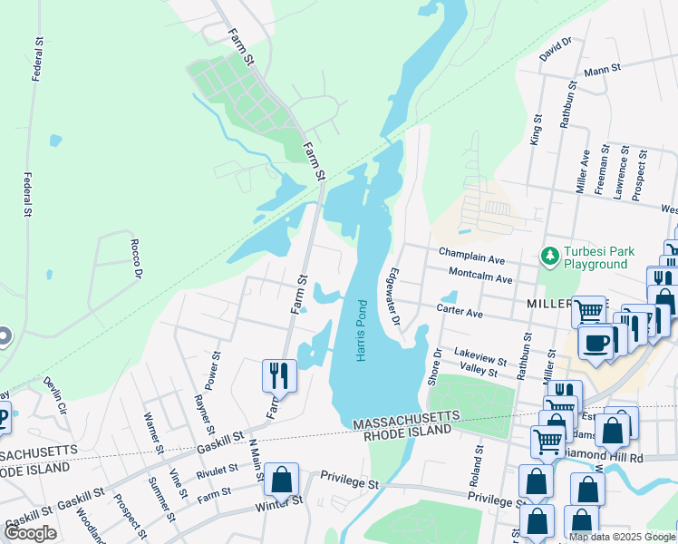map of restaurants, bars, coffee shops, grocery stores, and more near 35 Paul Drive in Blackstone