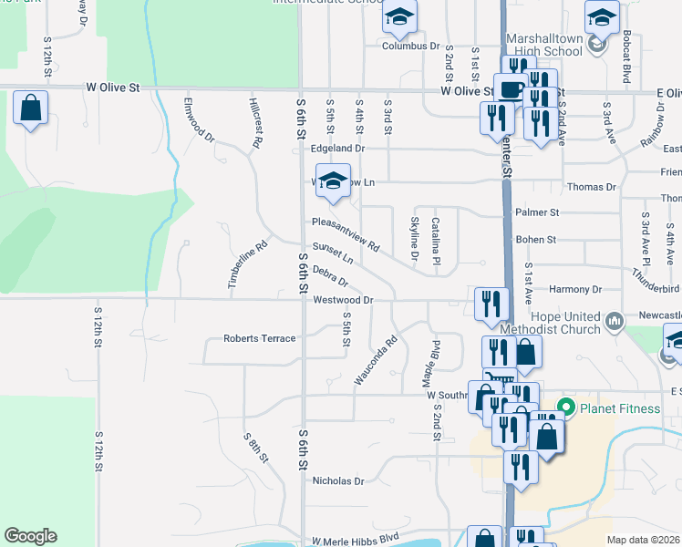 map of restaurants, bars, coffee shops, grocery stores, and more near 400-598 Sunset Lane in Marshalltown