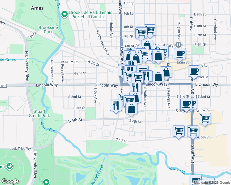 map of restaurants, bars, coffee shops, grocery stores, and more near 800 County Road E41 in Ames