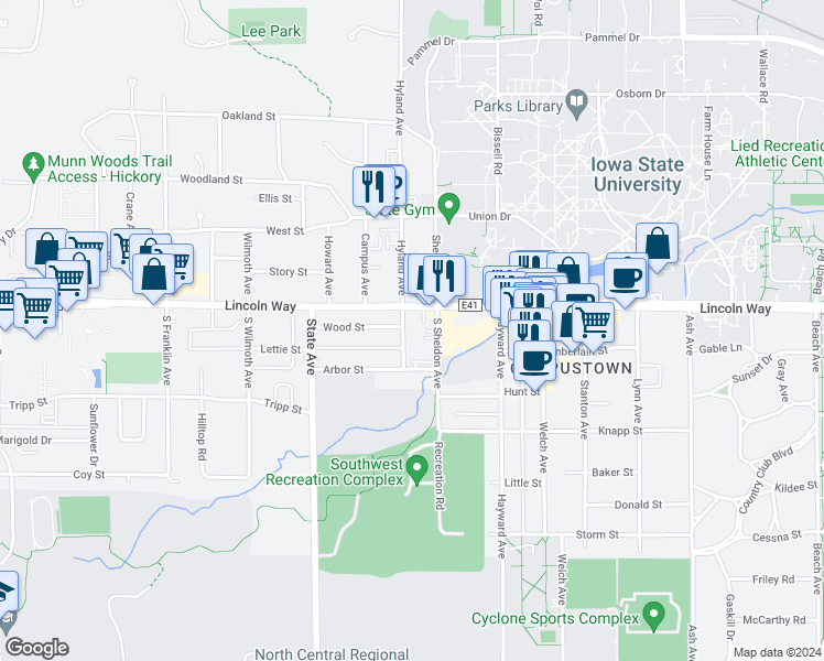 map of restaurants, bars, coffee shops, grocery stores, and more near 208 South Hyland Avenue in Ames