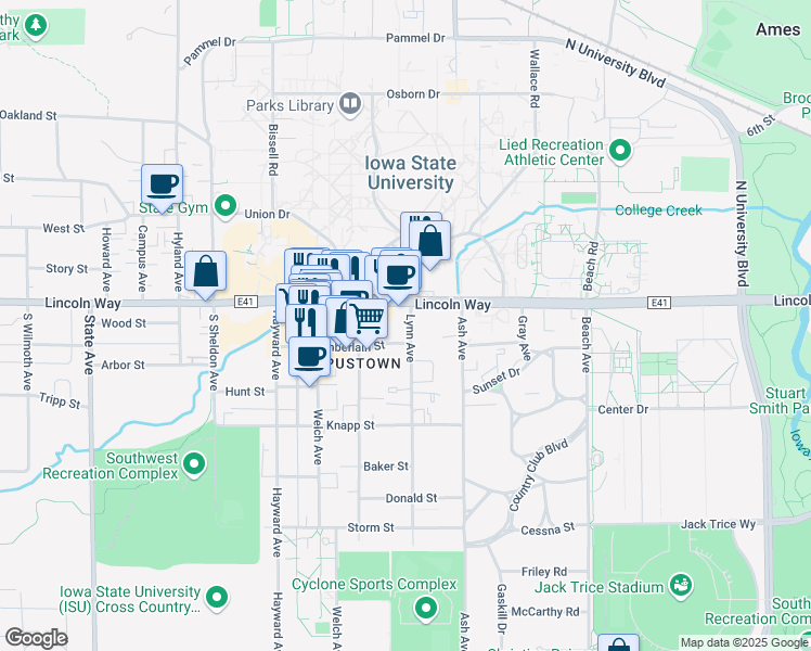 map of restaurants, bars, coffee shops, grocery stores, and more near 2302 Lincoln Way in Ames