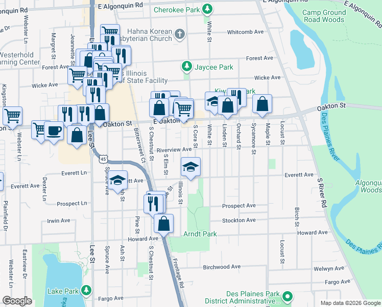map of restaurants, bars, coffee shops, grocery stores, and more near 1510 Riverview Avenue in Des Plaines