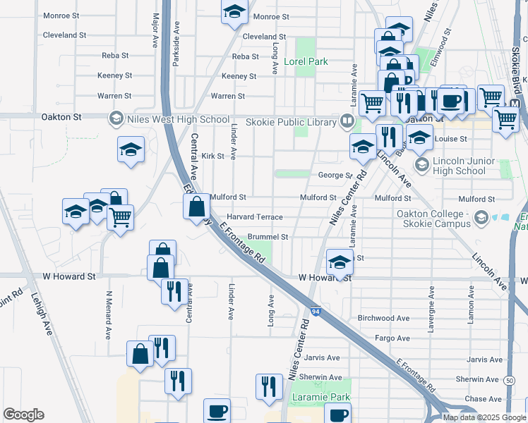 map of restaurants, bars, coffee shops, grocery stores, and more near 5431 Mulford Street in Skokie