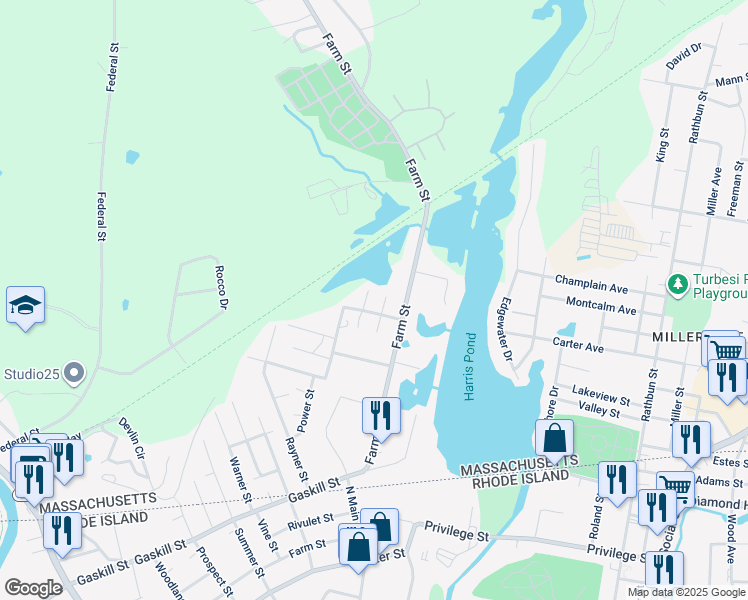 map of restaurants, bars, coffee shops, grocery stores, and more near 17 Pinehurst Street in Blackstone
