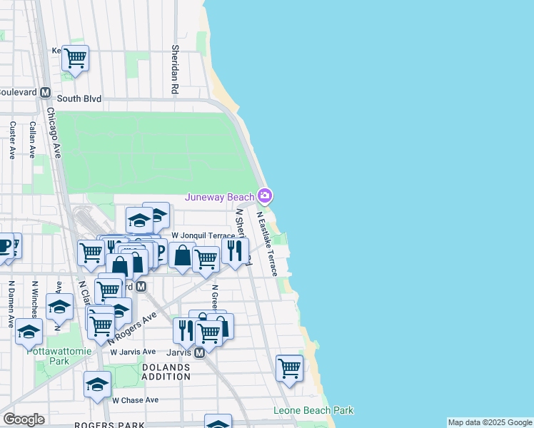 map of restaurants, bars, coffee shops, grocery stores, and more near 7751 North Eastlake Terrace in Chicago