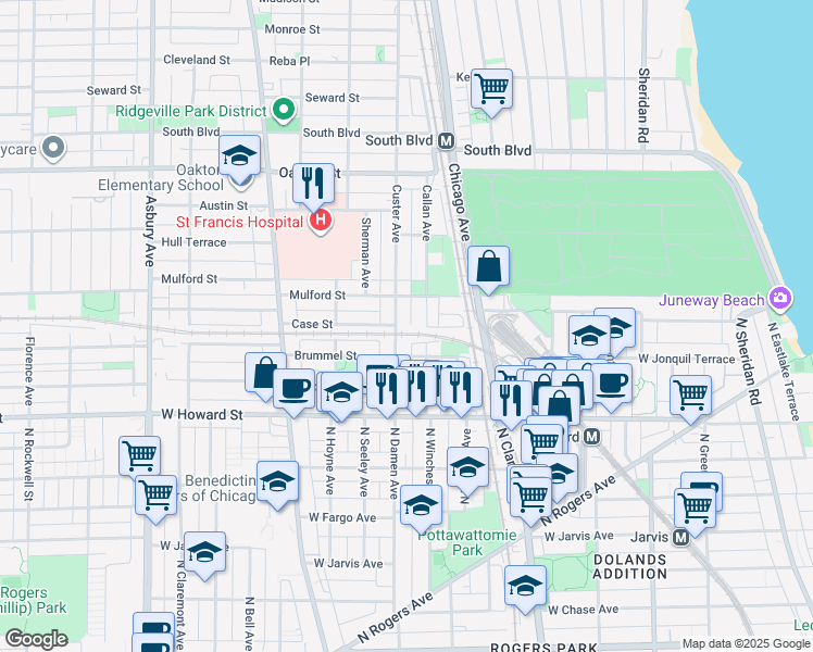 map of restaurants, bars, coffee shops, grocery stores, and more near 236 Callan Avenue in Evanston