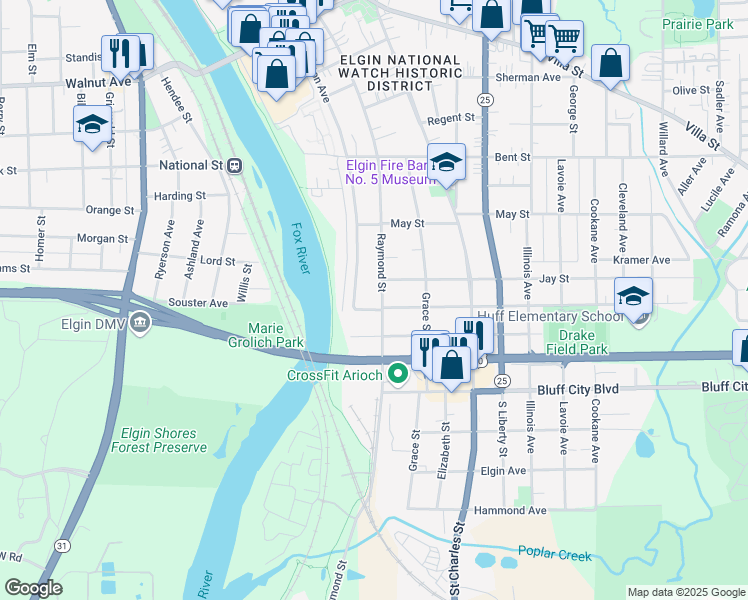 map of restaurants, bars, coffee shops, grocery stores, and more near 665 Wellington Avenue in Elgin