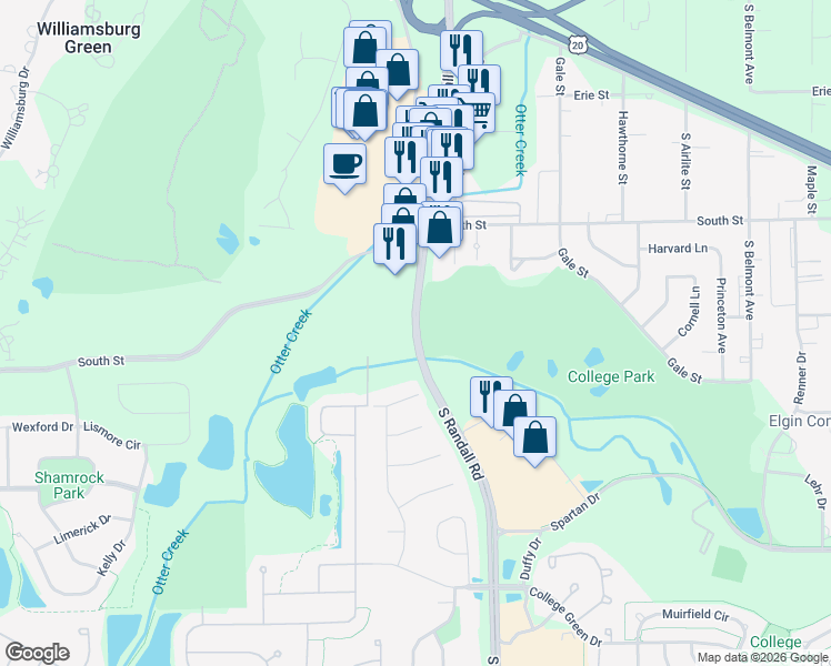 map of restaurants, bars, coffee shops, grocery stores, and more near 398 S Randall Rd in Elgin