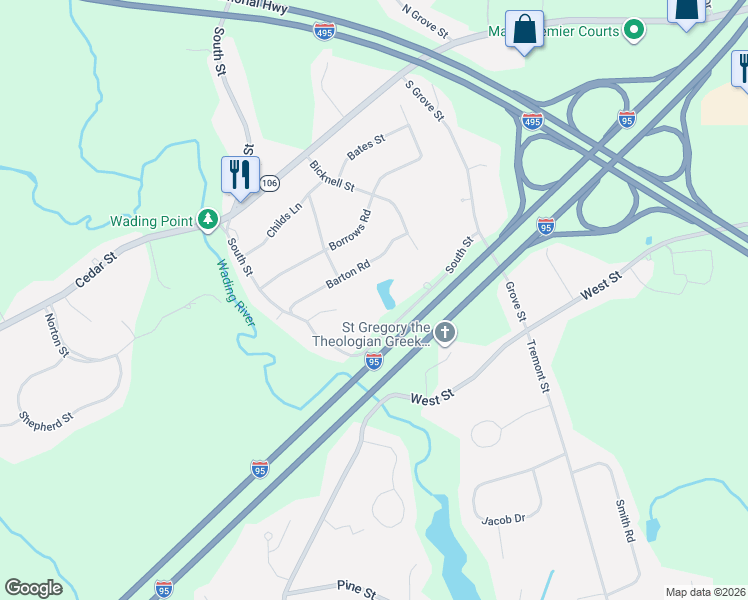 map of restaurants, bars, coffee shops, grocery stores, and more near 55 South Street in Mansfield