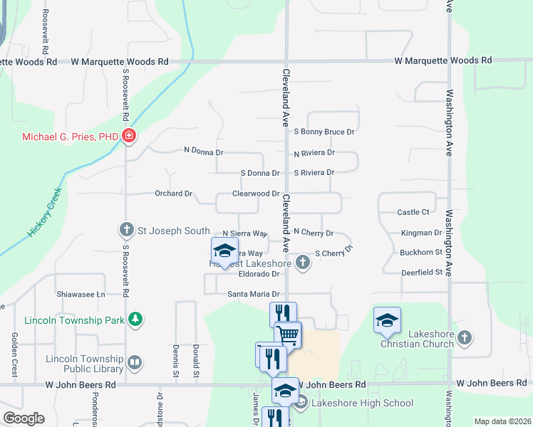 map of restaurants, bars, coffee shops, grocery stores, and more near 1764 Sherwood Drive in Stevensville