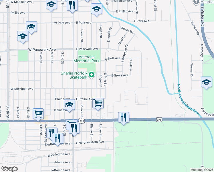 map of restaurants, bars, coffee shops, grocery stores, and more near 915 Logan Street in Norfolk