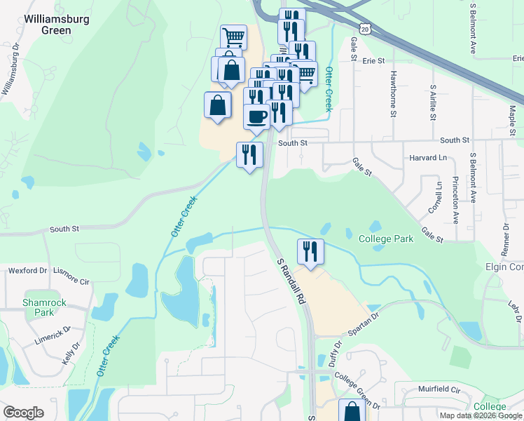 map of restaurants, bars, coffee shops, grocery stores, and more near 398 S Randall Rd in Elgin