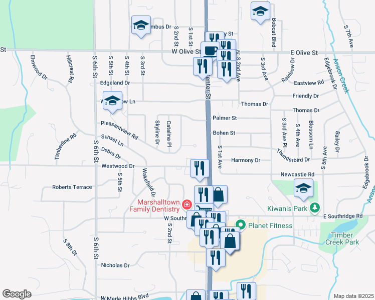 map of restaurants, bars, coffee shops, grocery stores, and more near 101-199 Pleasantview Road in Marshalltown