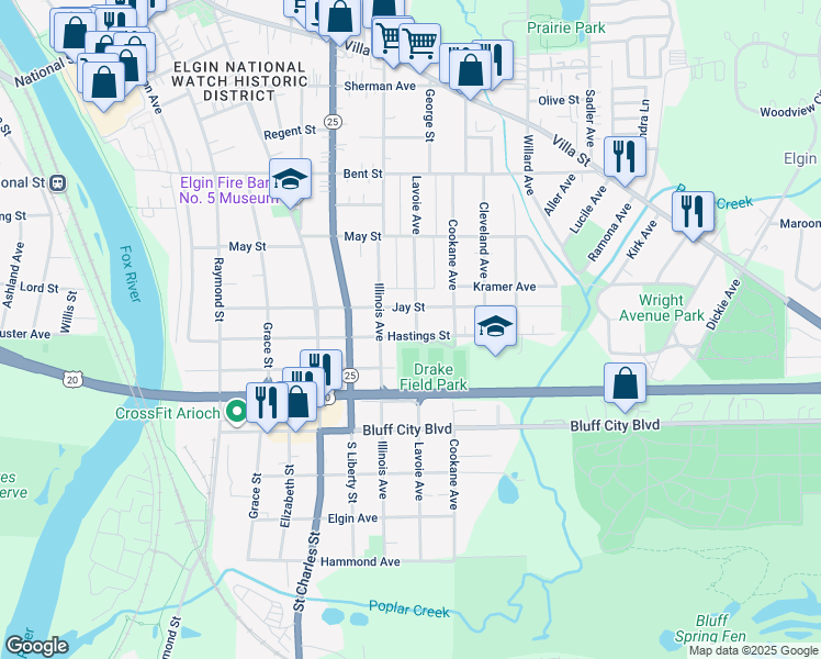 map of restaurants, bars, coffee shops, grocery stores, and more near 684 Lavoie Avenue in Elgin
