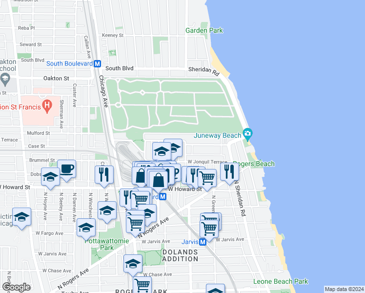 map of restaurants, bars, coffee shops, grocery stores, and more near 7734 North Ashland Avenue in Chicago