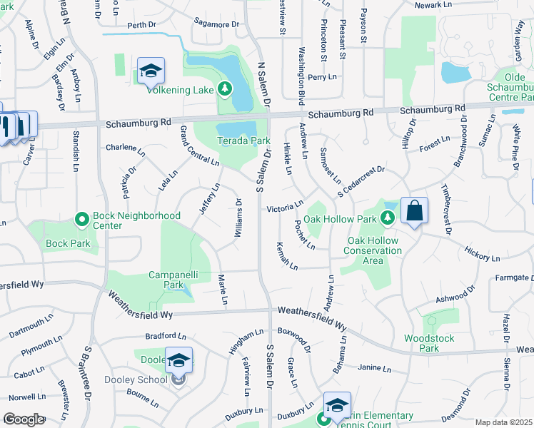 map of restaurants, bars, coffee shops, grocery stores, and more near 734 Victoria Lane in Schaumburg