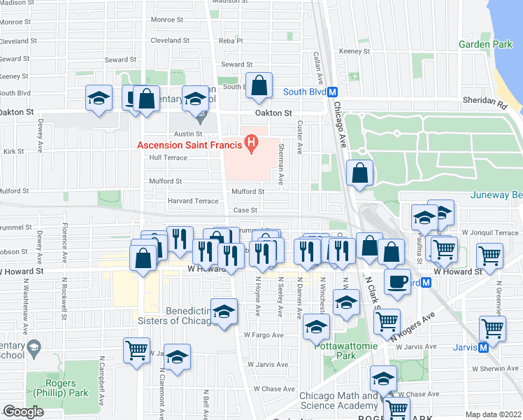 map of restaurants, bars, coffee shops, grocery stores, and more near Elmwood Ave & Case St in Evanston