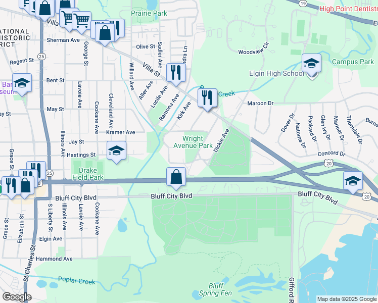 map of restaurants, bars, coffee shops, grocery stores, and more near 939 Getty St in Elgin