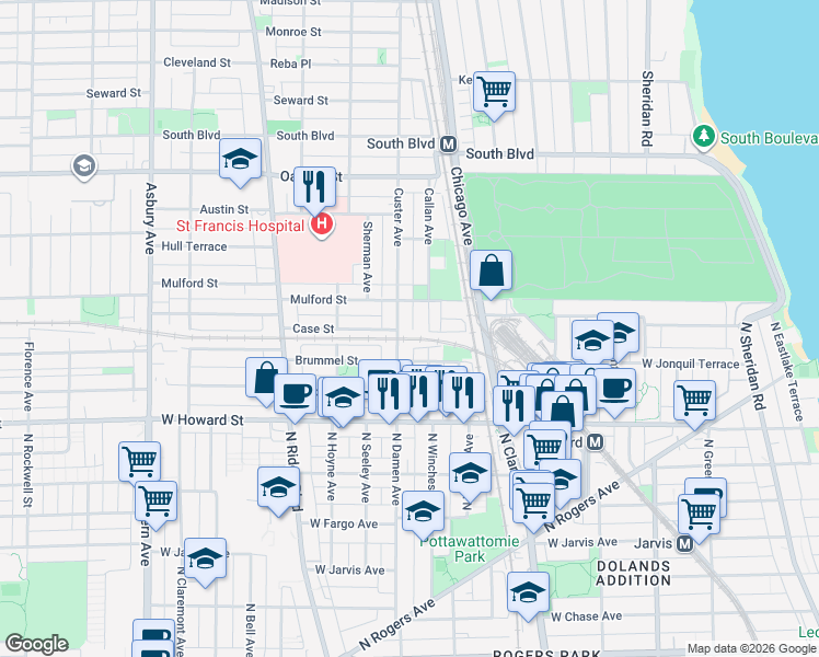 map of restaurants, bars, coffee shops, grocery stores, and more near 236 Callan Avenue in Evanston