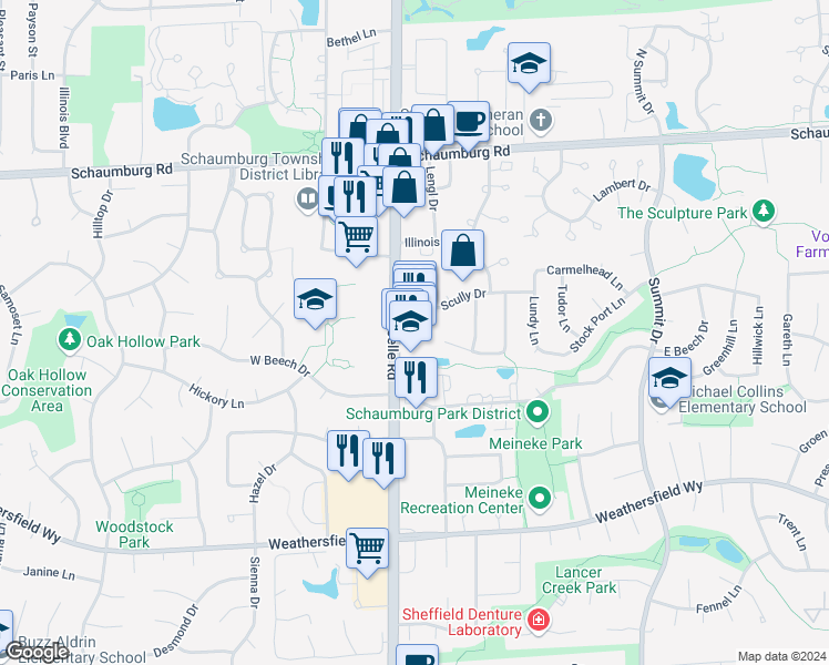 map of restaurants, bars, coffee shops, grocery stores, and more near 269 South Roselle Road in Schaumburg