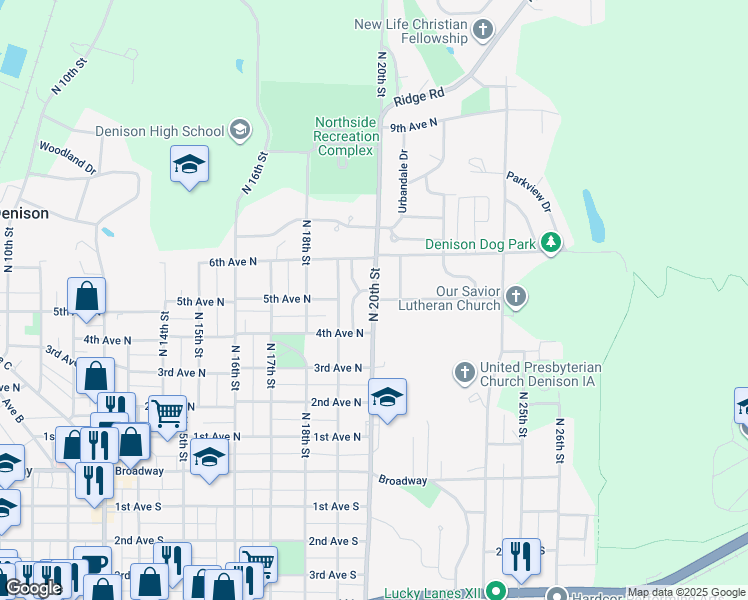 map of restaurants, bars, coffee shops, grocery stores, and more near 2000 Bel Aire Drive in Denison