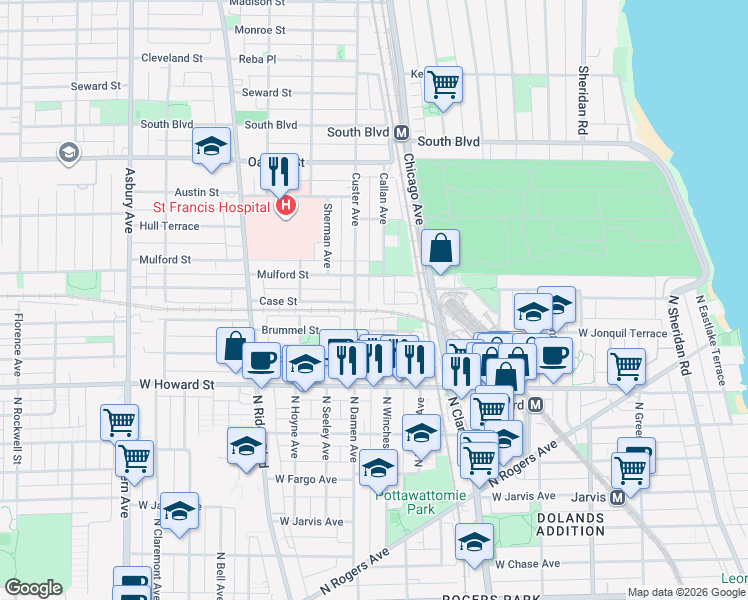 map of restaurants, bars, coffee shops, grocery stores, and more near 236 Callan Avenue in Evanston