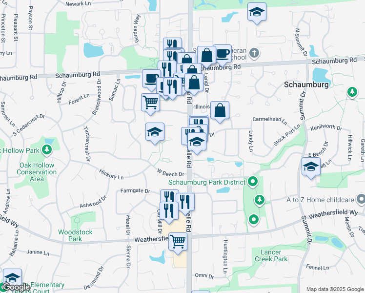 map of restaurants, bars, coffee shops, grocery stores, and more near 269 South Roselle Road in Schaumburg