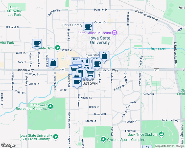 map of restaurants, bars, coffee shops, grocery stores, and more near 2338 Lincoln Way in Ames