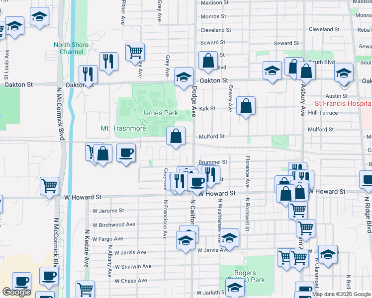 map of restaurants, bars, coffee shops, grocery stores, and more near 235 Brown Avenue in Evanston