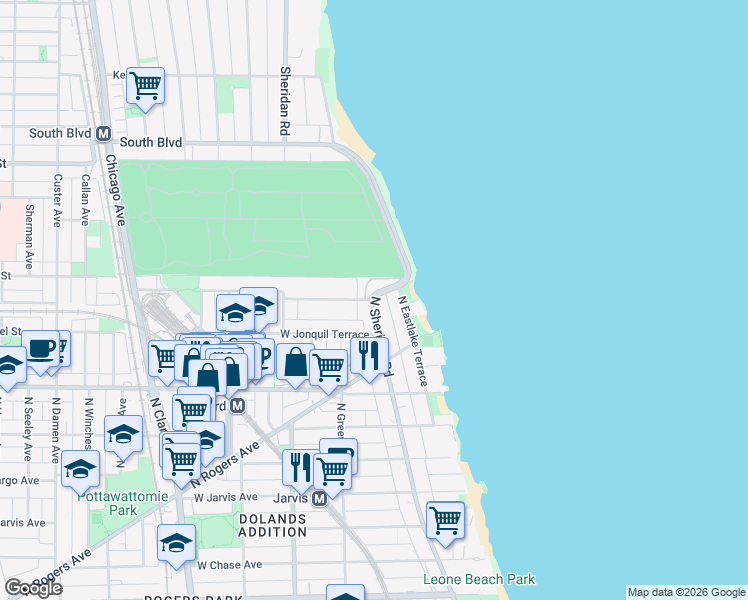 map of restaurants, bars, coffee shops, grocery stores, and more near North Sheridan Road & West Juneway Terrace in Chicago