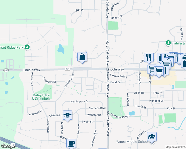 map of restaurants, bars, coffee shops, grocery stores, and more near 4701 Todd Drive in Ames