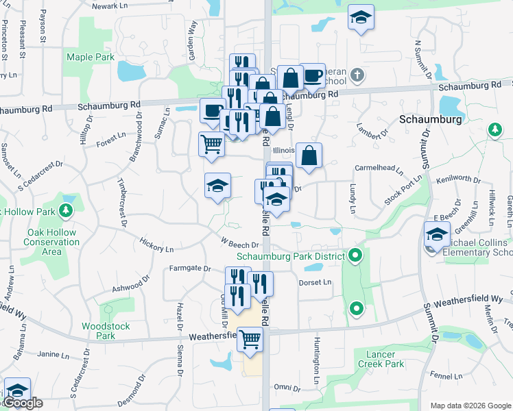map of restaurants, bars, coffee shops, grocery stores, and more near 269 South Roselle Road in Schaumburg