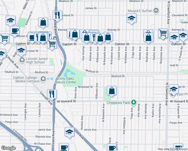 map of restaurants, bars, coffee shops, grocery stores, and more near 7752 Kilbourn Avenue in Skokie