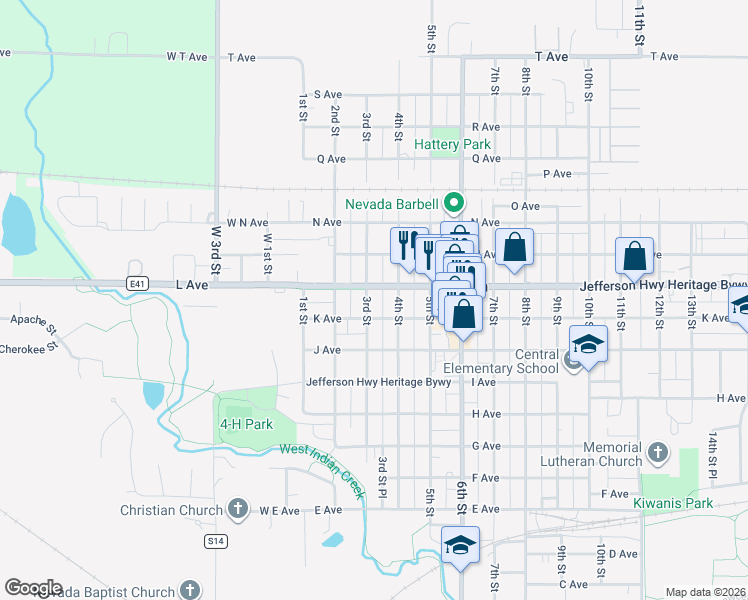 map of restaurants, bars, coffee shops, grocery stores, and more near 320 L Avenue in Nevada
