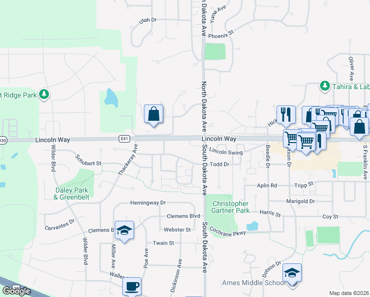 map of restaurants, bars, coffee shops, grocery stores, and more near 4701 Todd Drive in Ames