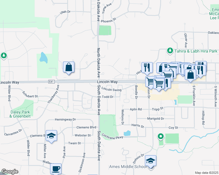 map of restaurants, bars, coffee shops, grocery stores, and more near 4329 Lincoln Swing Street in Ames
