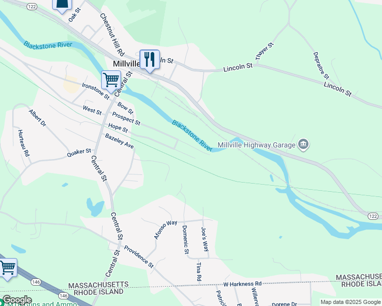 map of restaurants, bars, coffee shops, grocery stores, and more near 79 Hope Street in Millville