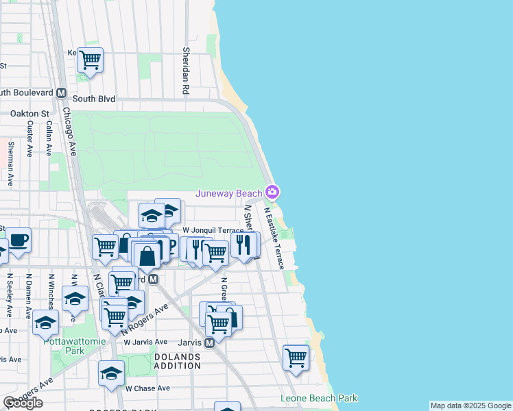 map of restaurants, bars, coffee shops, grocery stores, and more near 7758 North Eastlake Terrace in Chicago