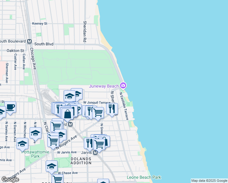 map of restaurants, bars, coffee shops, grocery stores, and more near 7758 North Eastlake Terrace in Chicago