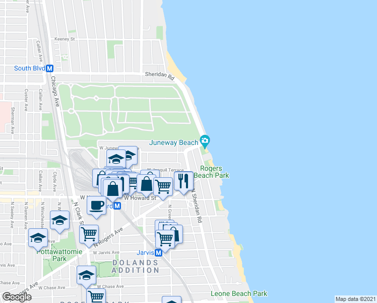 map of restaurants, bars, coffee shops, grocery stores, and more near 7758 North Eastlake Terrace in Chicago