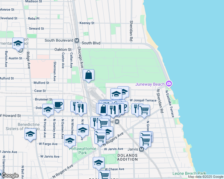 map of restaurants, bars, coffee shops, grocery stores, and more near 1709 West Juneway Terrace in Chicago